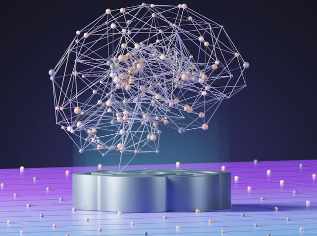 Servidor de data center com luzes azuis representando processamento de inteligência artificial