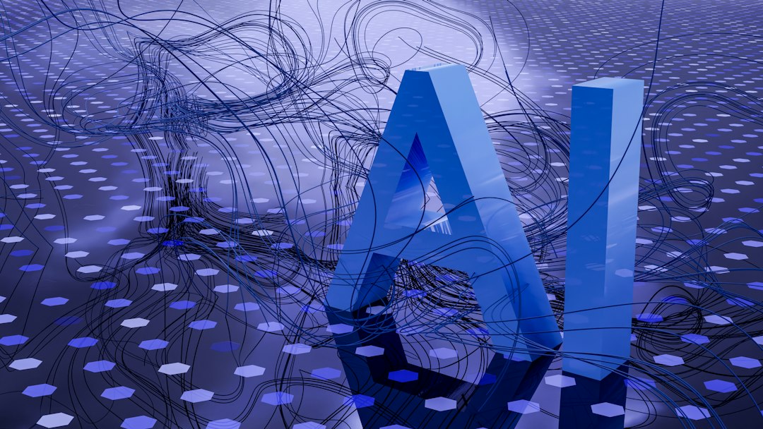 Texto de IA renderizado em 3D sobre fundo digital escuro